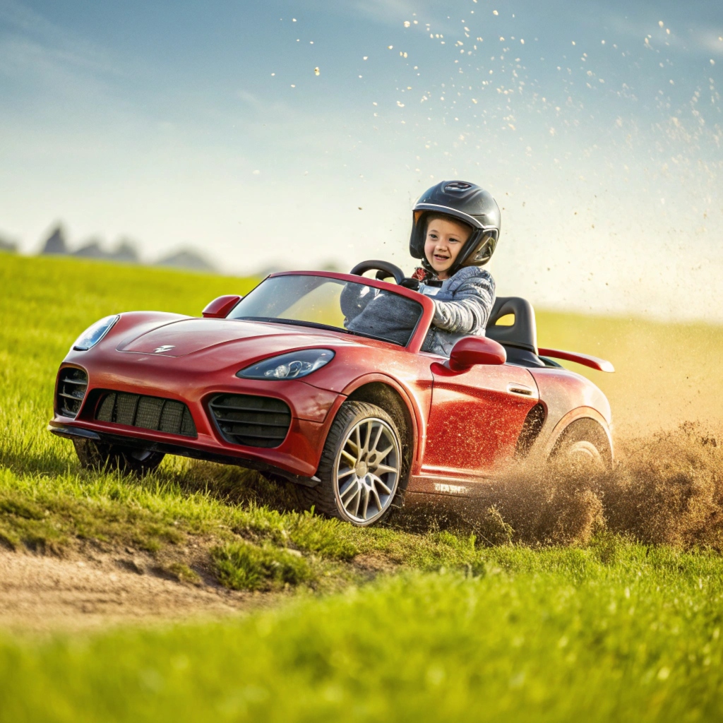 Red kids ride-on car on grassy terrain, kid enjoying driving