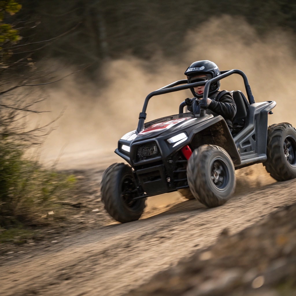 Black 24V kids off-road vehicle, child navigating dirt road