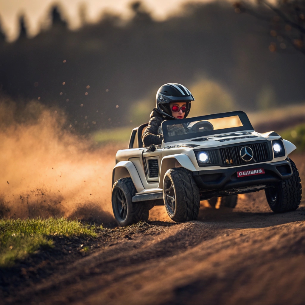 White Mercedes 24V kids car, child driving in rugged terrain