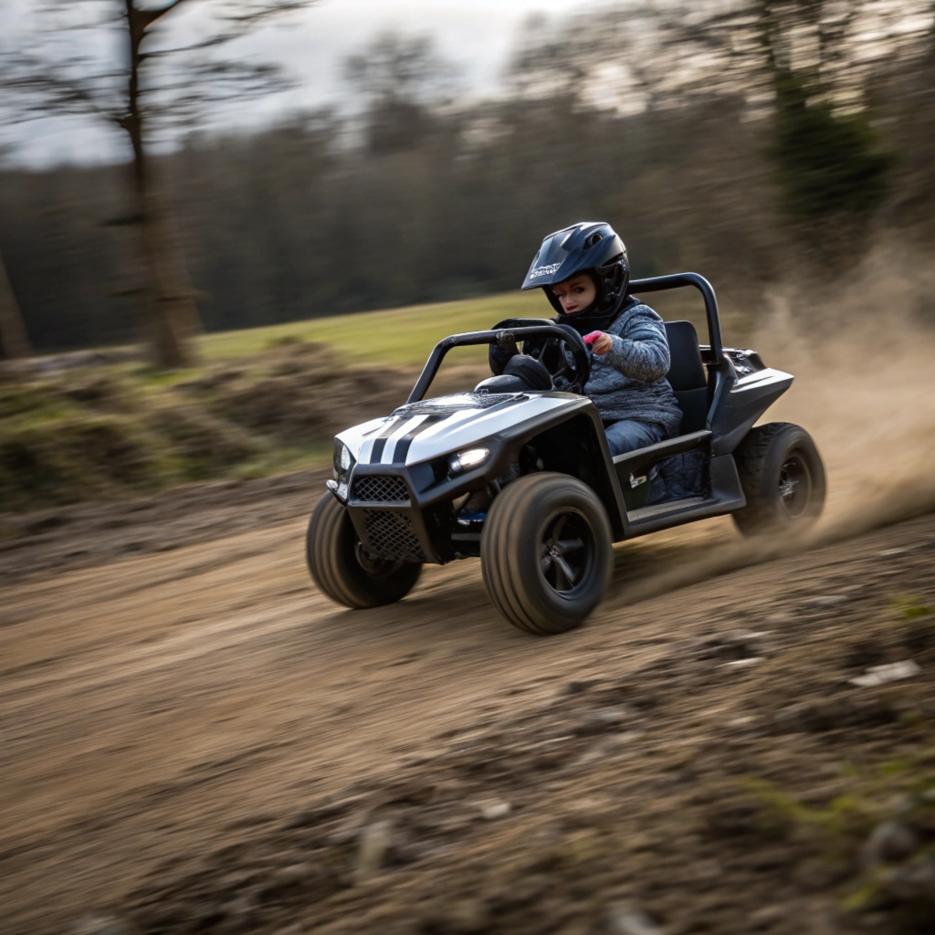 Black off-road 24V kids car kicking up dust, exciting ride