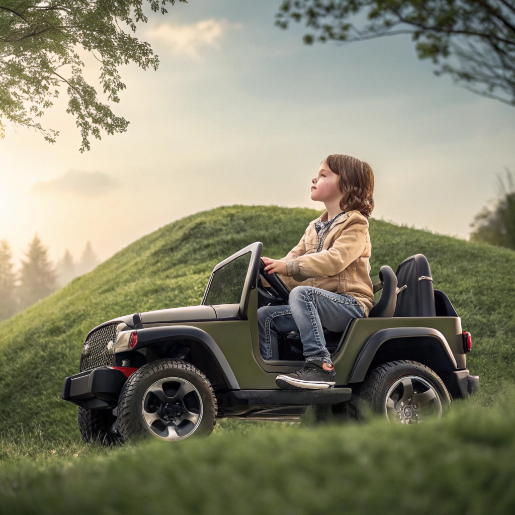 Green Jeep-style 24V kids car on a hill, calm evening drive