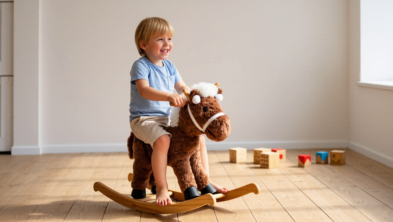 Child enjoying a safe rocking horse A child happily playing on a plush rocking horse