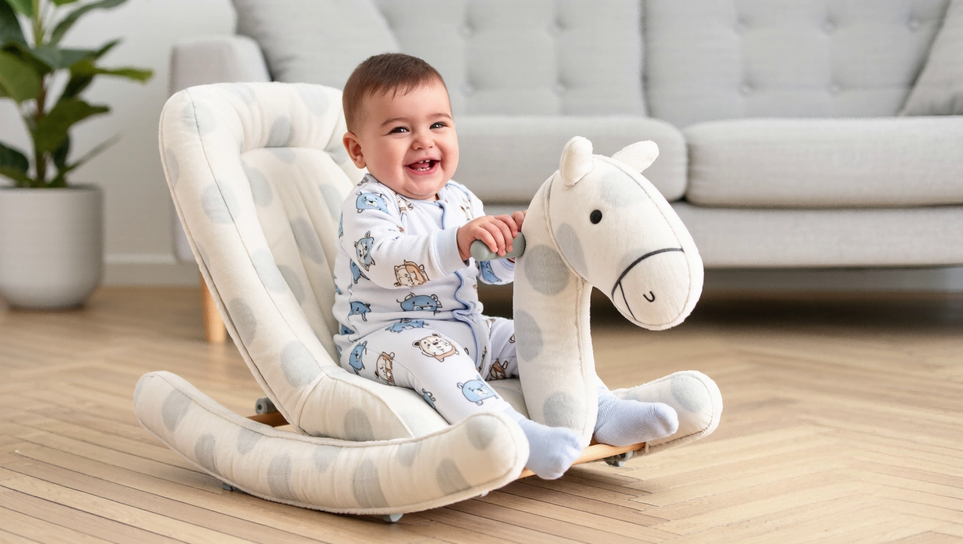 Choosing the right rocking horse A toddler on an age-appropriate plush rocking horse with a high-back seat