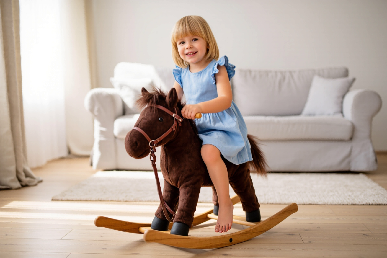 Child's Development with a Rocking Horse A child smiling on a plush rocking horse