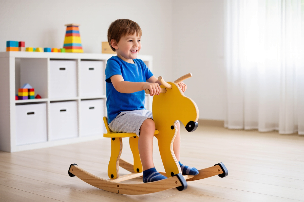Safe Rocking Horse Design A rocking horse showing its wide base and anti-tip features